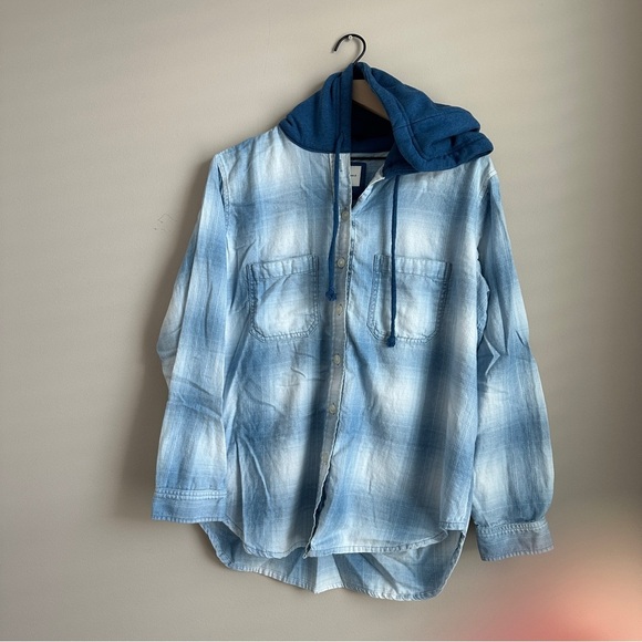 American Eagle Hooded Plaid Button Down Shirt Medium Blue Cabincore - Picture 3 of 10